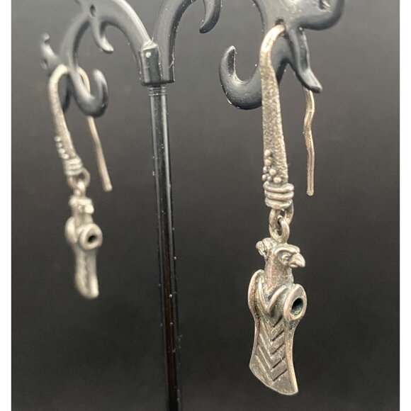 Vintage 925 Silver MK 925 Earrings Bird Totem Aztec Pre Columbian Inspired 1.75" - Picture 2 of 8